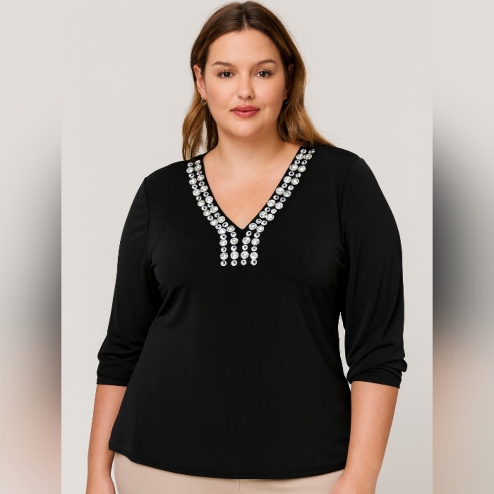 Ruby Rd. Button Stud Pullover Vneck Top Black Lar… - image 1